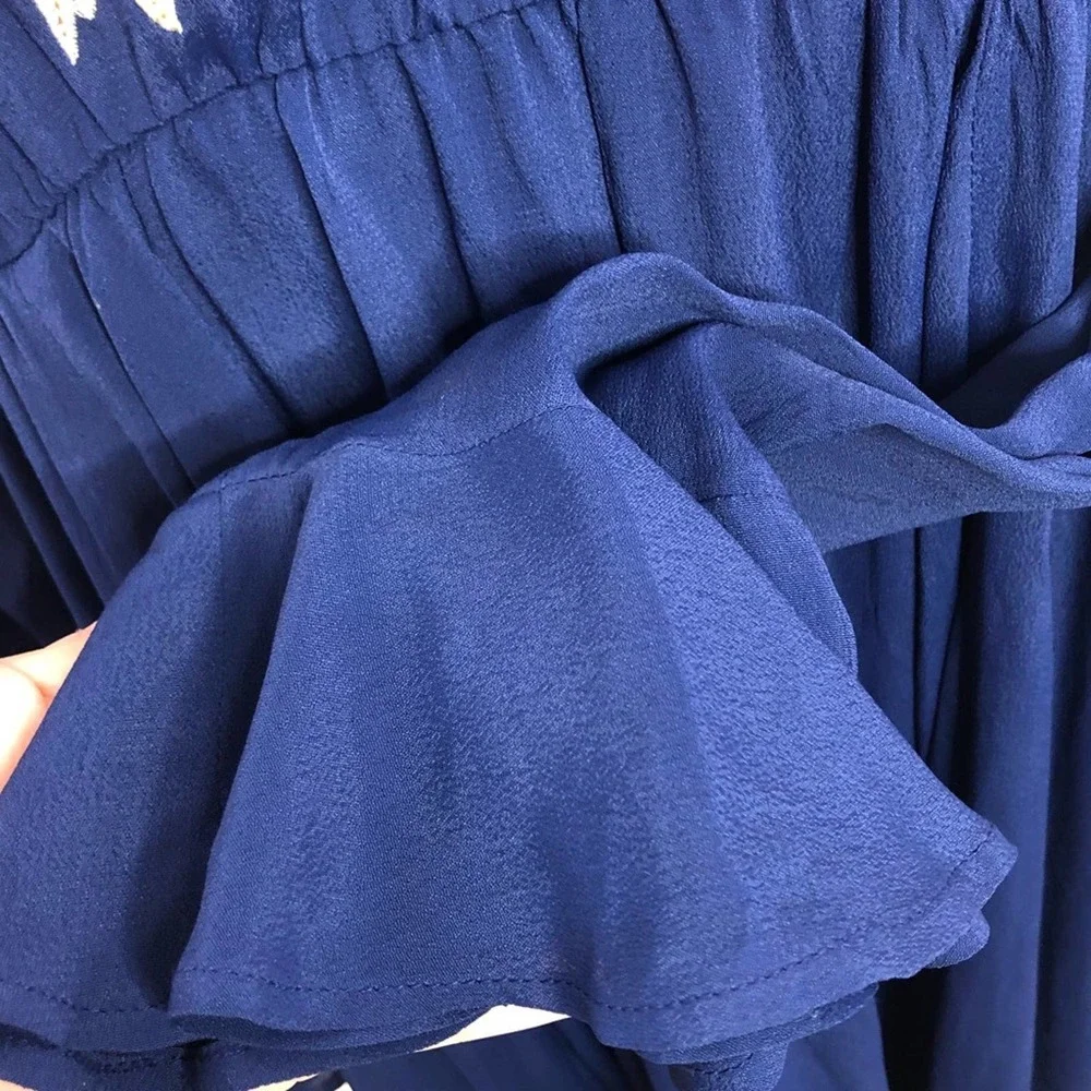 ASOS Boho Embroidered Dress Size 14 Navy Blue Long Sleeve Fit and Flare Modest - Picture 6 of 10